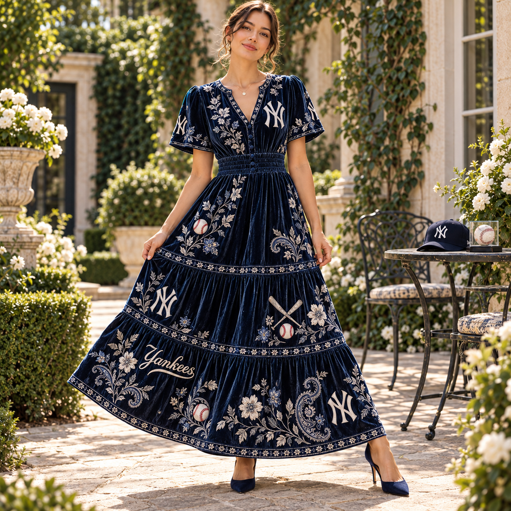 NYY Premium Embroidered Velvet Maxi Dress PTKL