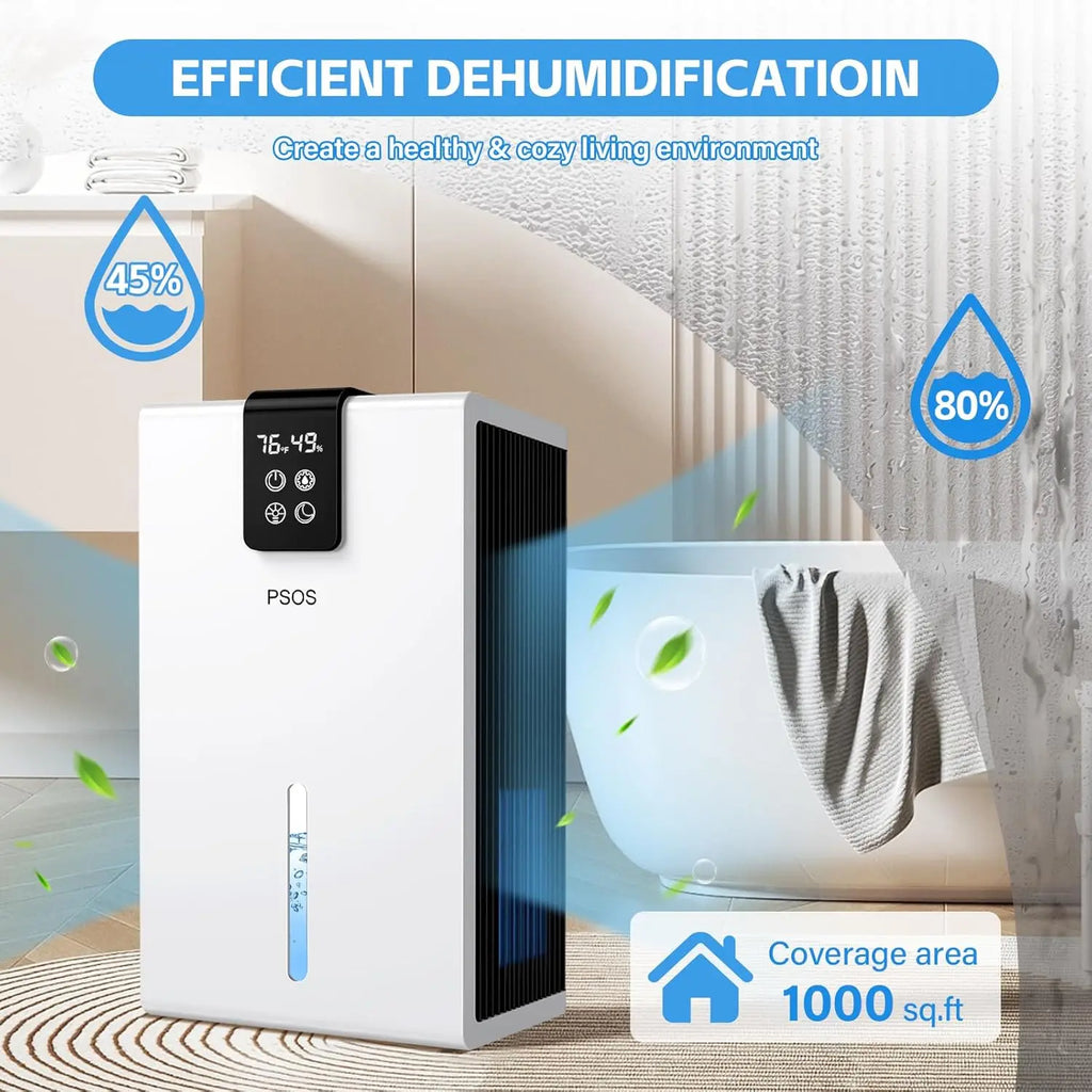 Quiet Dehumidifier for Home, 98oz Tank, 1000 sq.ft Coverage with Humidity Display & Auto Shut Off