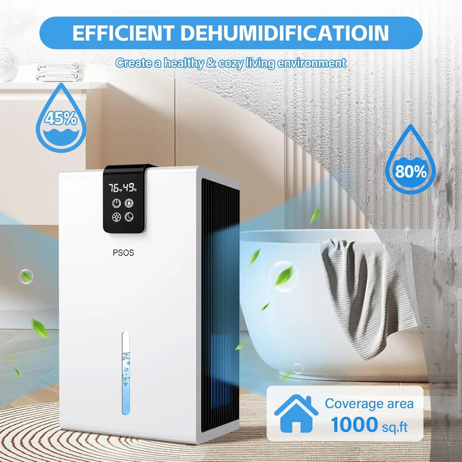 Quiet Dehumidifier for Home, 98oz Tank, 1000 sq.ft Coverage with Humidity Display & Auto Shut Off
